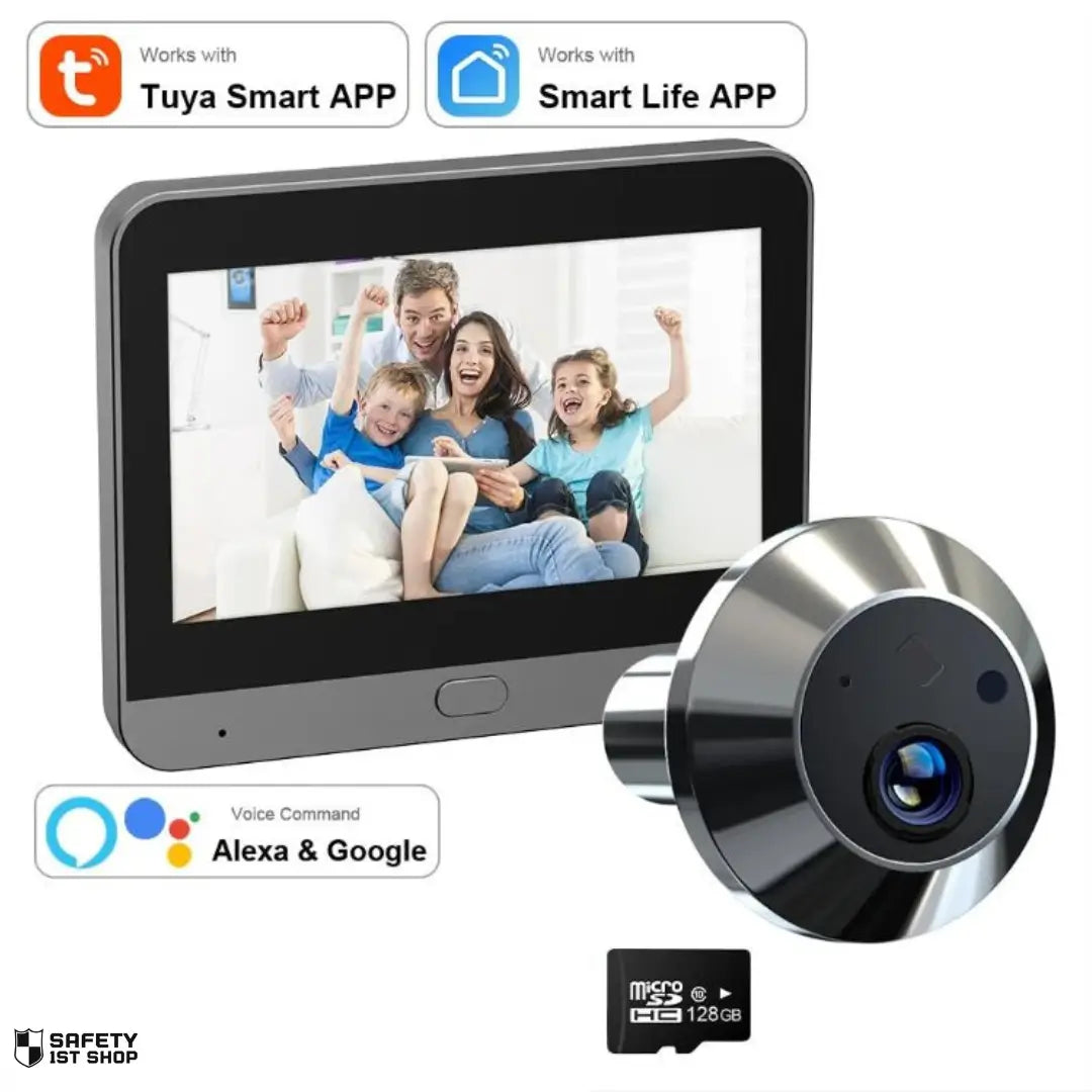 wifi peephole viewer with 128GB memory card and smart features on white background.