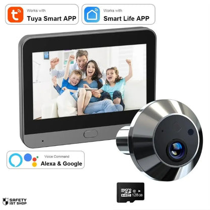 wifi peephole viewer with 128GB memory card and smart features on white background.