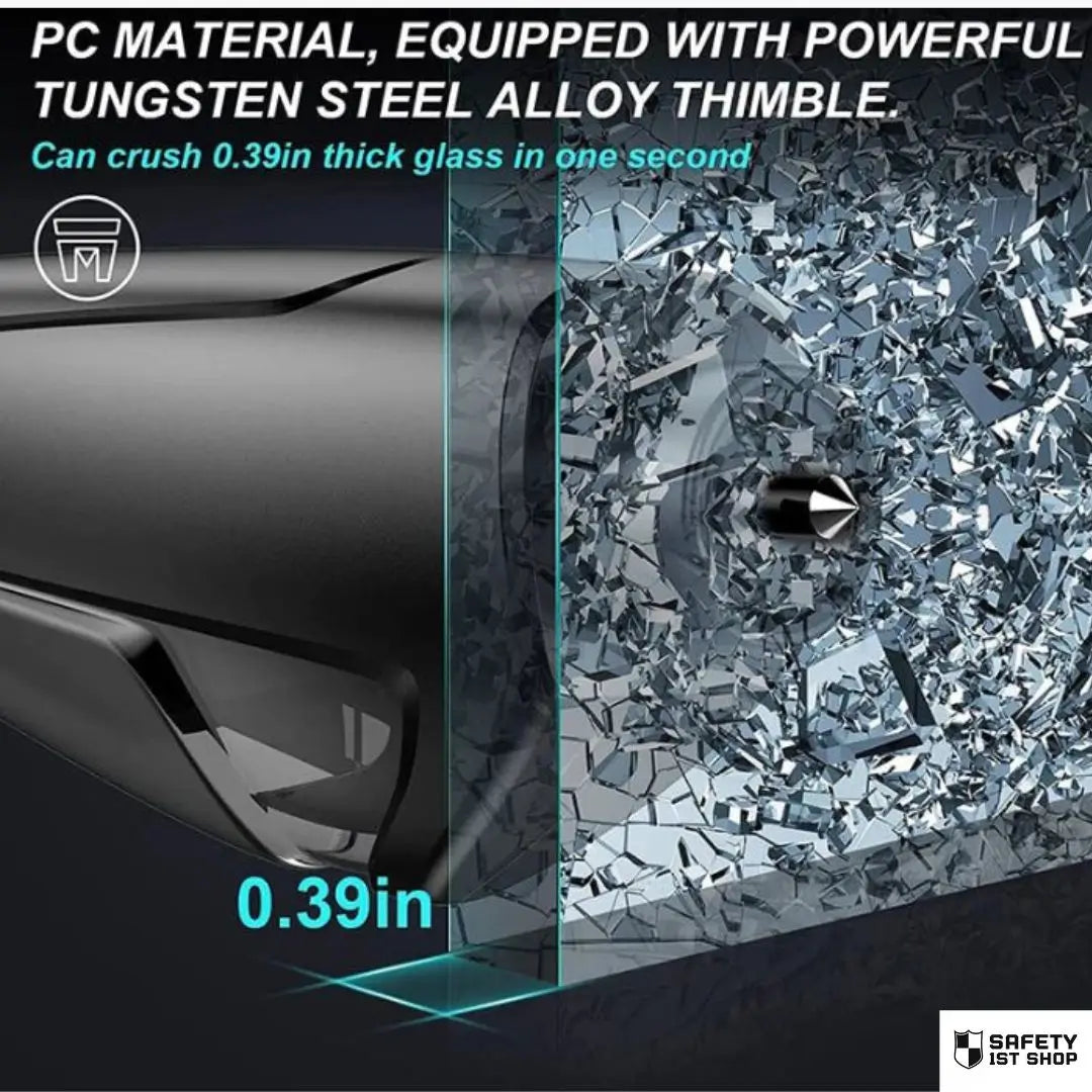 High-performance emergency escape tool with tungsten steel tip impacts car window, shattering 0.39-inch thick glass instantly. Technical visual includes measurement detail.