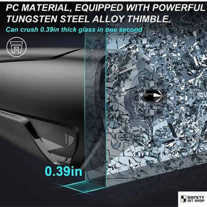 High-performance emergency escape tool with tungsten steel tip impacts car window, shattering 0.39-inch thick glass instantly. Technical visual includes measurement detail.