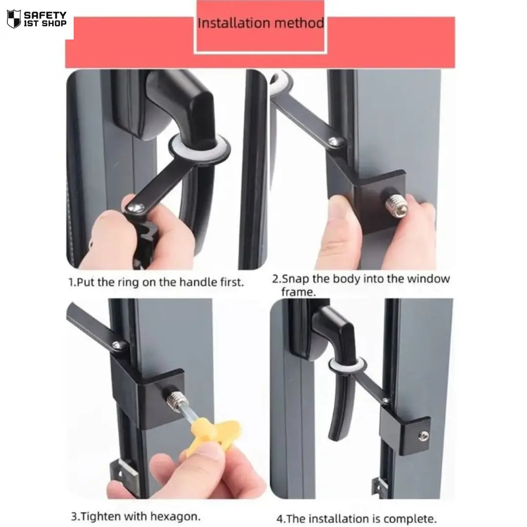 Step-by-step guide showing the installation process of a black window safety lock, demonstrating how to securely attach the device to a window handle