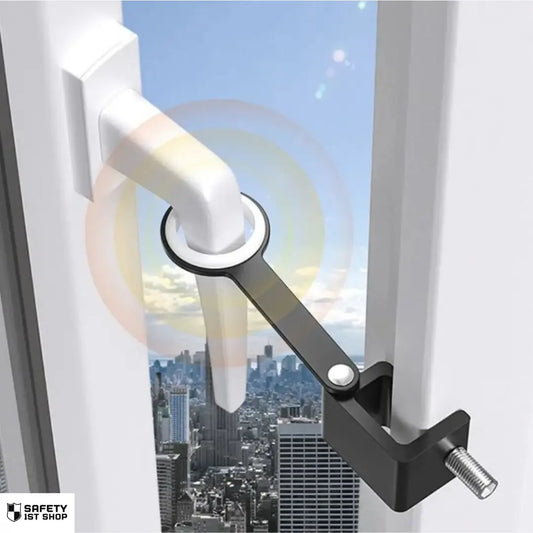 Black window safety lock installed on a white window handle, preventing the window from opening fully, providing enhanced home security.