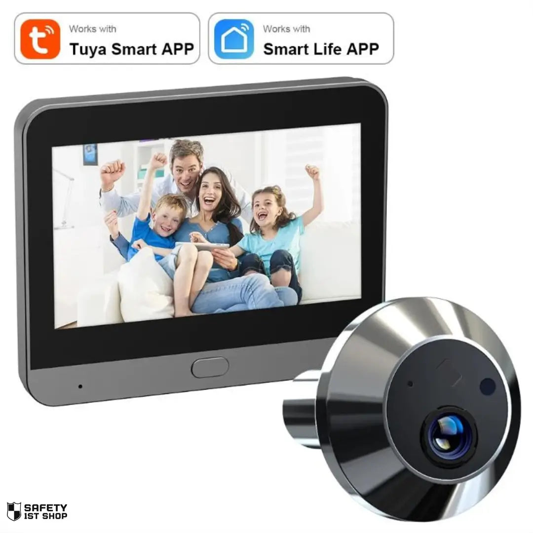 wireless peephole viewer on white background with happy family on screen and icons for smart life and tuya apps.