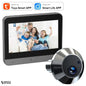 wireless peephole viewer on white background with happy family on screen and icons for smart life and tuya apps.